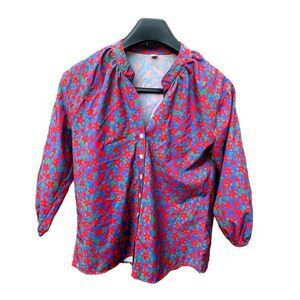 Vintage Peasant Sleeves Vibrant Red Blue & Green Floral Button Up Blouse Size S